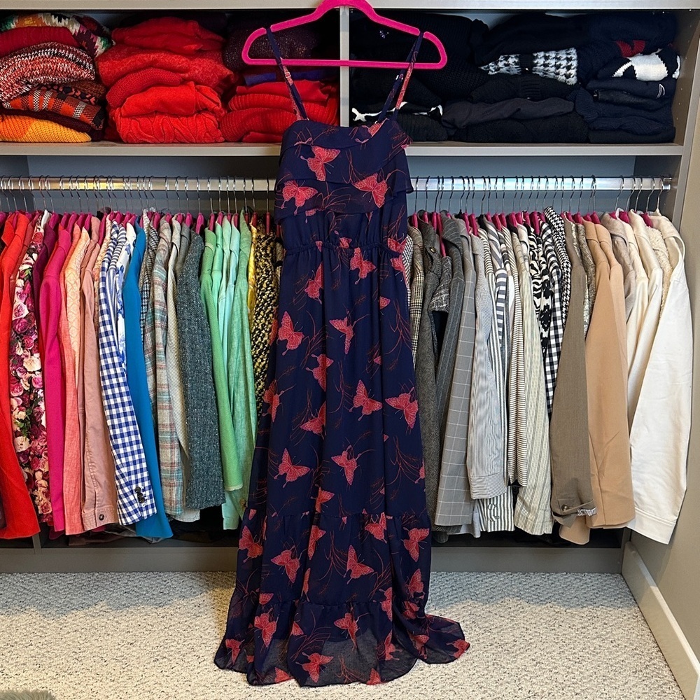 Express navy/pink butterfly print adjustable strap lined maxi dress size S